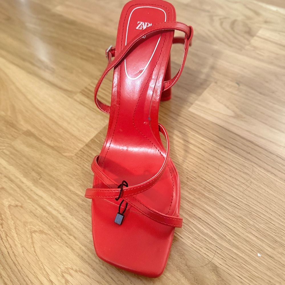 Zara Red Heels with Square-Toe and Ankle Strap